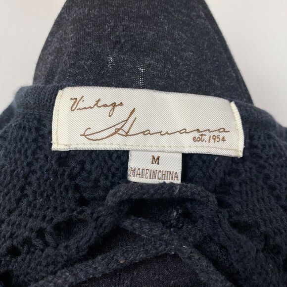 Vintage Havana Black Crochet Knit Top Med Long Sleeves Raw Hem Witchy Goth Boho - Picture 11 of 13